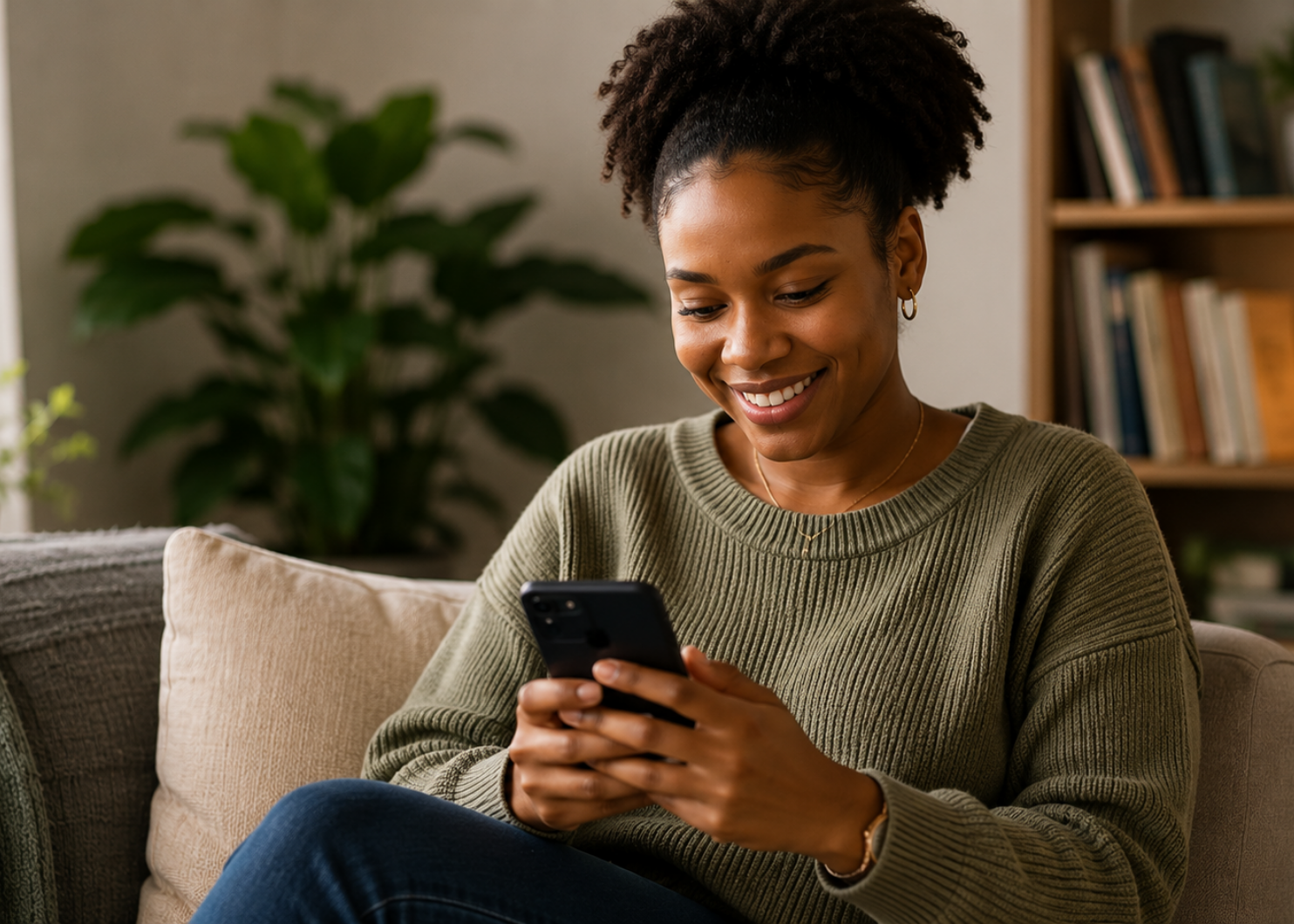 a woman smiling at her phone